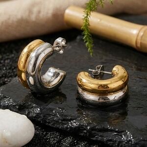 18K Gold Plated Two Tone Chunky Hoops Mixed Metal Stainless Steel Modern Earring